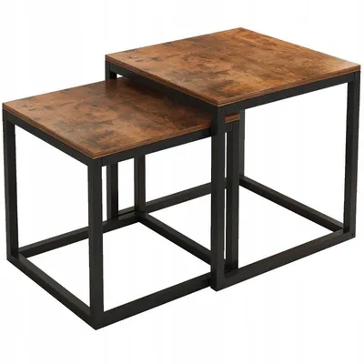Two nesting tables with wooden tops and black metal frames are shown against a white background.