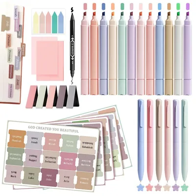 Produktbild von Bibel Journaling Set 31 Teile mit 12 Pastell Textmarker, 6 Gelstifte, Bibelregister, Haftnotizen, Magnet-Lesezeichen