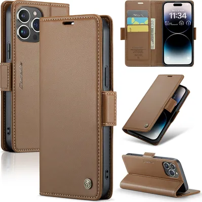 Collage of product images showing an iPhone 14 Pro Max leather wallet case from different angles.