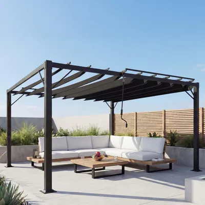 Obrázek produktu pro Pergola HWC-L40, zahradní lamelový altán, zastřešení terasy, 8cm hliníkový rám, tkanina/textilie, 3x4m, antracitová barva