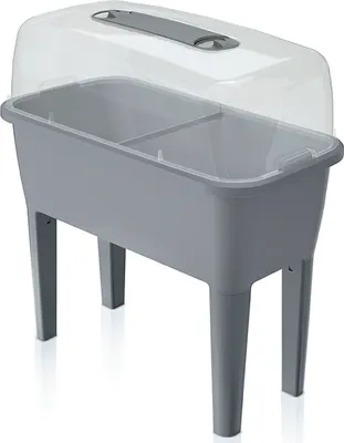 A grey raised planter box with a clear lid, shown on a white background.