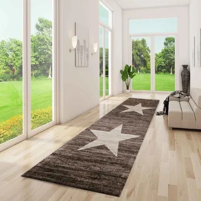 A long hallway with large windows overlooking a green lawn, featuring a runner rug with a star pattern.