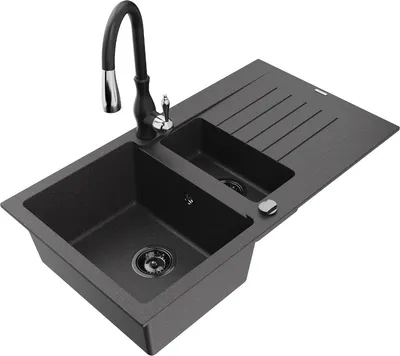 Produktbild von Mexen Matias 1,5-Becken-Granitspüle mit Abtropffläche und Mischbatterie Savita, Schwarz gesprenkelt - 6502-76-672601-70-B