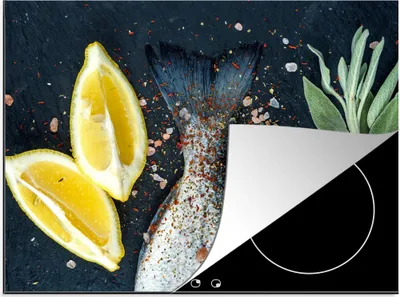 Produktbild von KitchenYeah© Herdabdeckplatte Fisch - Zitrone - Kräuter , 71x52cm, Küche Deko, Glaskeramikkochfeld Herdabdeckung, Abdeckplatte fùr Kochfeld