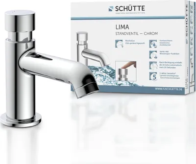 A product shot of a chrome faucet next to its packaging, which displays product features and branding.