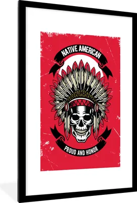 Produktbild von MuchoWow® MuchoWow® Gerahmtes Poster Totenkopf - Indianerwappen - Retro - Zeichnung 60x90 cm - Poster mit zchwarzem Bilderrahmen - Dekoration - Wandposter Wohnzimmer - Hochwertig