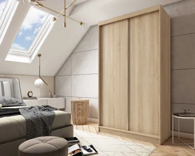 Produktbild von AGMAT Schwebetürenschrank Inari, Kleiderschrank mit 2 Türen, Moderne Garderobe in Farbe: Sonoma, Schrank in Größe: 120 x 216 x 61 cm