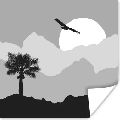Produktbild von MuchoWow® Poster Sonne - Palme - Vogel - Schwarz - Weiß 100x100 cm - Babyzimmer