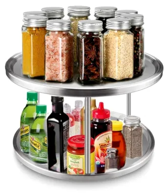 Produktbild von Drehteller Kühlschrank Organizer 2 Etagen 360° Drehplatte Gewürzhalter, Edelstahl Küchen Organizer, Küchenregal, Gewürzregal für Schrank und Schminktisch