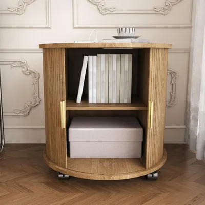 Image de Table de chevet cylindrique de style milieu du siècle, avec station de recharge, porte coulissante, en chêne, dimensions : 60x60x60 cm