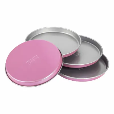 Produktbild von Zenker creative studio Schichtkuchenblech Set, runde Backformen, Backbleche mit Antihaftbeschichtung, Kuchenform: Ø180mmx18mm, kreatives Backen (Farbe: rosa, silber), Menge: 4 Stück