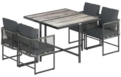 Obrázok produktu pre Sada záhradného nábytku z umelého ratanu, pozostávajúca z 5 kusov: stola a 4 stoličiek | Farba: sivá | Rozmery: 108x108x72,5 cm