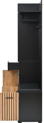 Produktbild von Merax Garderoben-Set 7-in-1, Kompaktgarderobe mit Sitzbank, Schrank, Schublade, Ablagefächern, Kleiderhaken & Wäscheständer, 80×35×175cm, Schwarz-Holz
