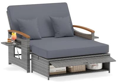 Produktbild von COSTWAY Polyrattan Gartensofa mit Liegefunktion, Sonnenliege mit verstellbarer Rückenlehne, ausklappbarem Seitenablage, Auflage Loungebett Doppelliege