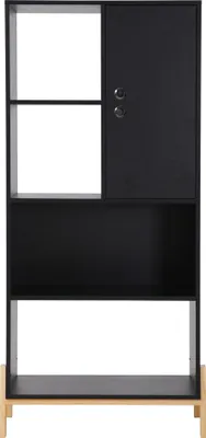 Produktbild von Möbilia Regal | 4 offene Fächer, 1 Tür | MDF | Beine Pinienholz | B 72,5 x T 35,5 x H 154 cm | schwarz – natur | 28020034 | Serie REGAL