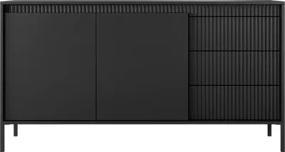 Produktbild von Schwarzes Sideboard – Skandinavische Kommode 154x81x40 cm – Sideboard mit 2 Türen & 3 Schubladen – Push to Open – Gefräste Front & Metallfüße – Design – CINDY Set