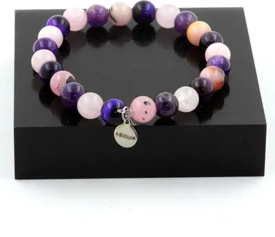 Immagine prodotto di Bracciale di perle occhio di tigre viola + quarzo rosa + ametista + opale rosa 8 mm