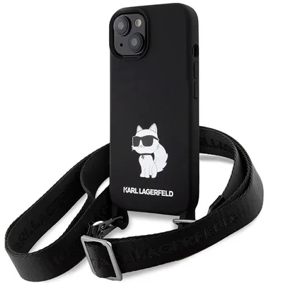 A black iPhone case with a Karl Lagerfeld Choupette cat graphic and a black crossbody strap.