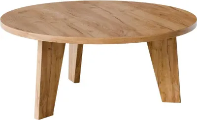 A round wooden coffee table with three angled legs, shown against a white background.