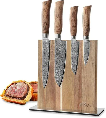 Imagen del producto de Conjunto de cuchillos de cocina profesional, con 4 cuchillos de acero damasco y un bloque magnético para cuchillos