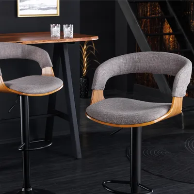 Produktbild von riess-ambiente Retro Barhocker MANHATTAN grau Strukturstoff Massivholz mit Lehne drehbar höhenverstellbar Barstuhl Tresenstuhl Tresenhocker
