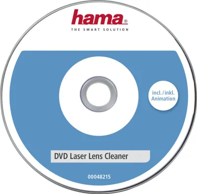 A DVD laser lens cleaner disc with the Hama logo and product information.