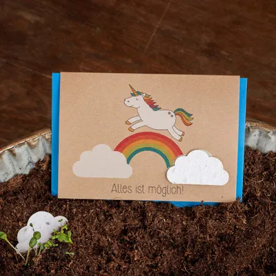 Produktbild von Klappkarte mit Einhorn & Regenbogen - mit eingearbeiteten Wildblumensamen - Glückwunschkarte mit Einhorn