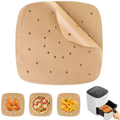Immagine prodotto di 100 fogli di carta da forno perforata per friggitrice, carta da forno, antistatica, impermeabile, resistente all'olio, per padella, forno, microonde e friggitrice ad aria calda