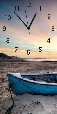 Produktbild von Wallario Design Wanduhr Fischerboot am Strand bei Sonnenuntergang aus Echtglas, Größe 30 x 60 cm