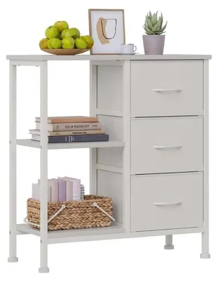 Produktbild von Nachttisch - Beistelltisch - 3 Stoffschubladen - Offenes Regal - Metallrahmen - MDF - Minimalistisches Design - Weiß
