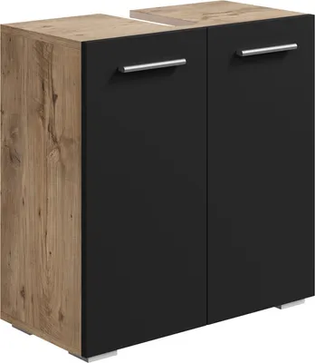 Immagine prodotto di Mobiletto da bagno Badplaats Jupiter 60 x 30 cm in rovere castagno e nero opaco - Mobiletto da bagno in piedi con 2 ante e materiale di montaggio