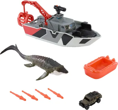 A collection of toy vehicles and a dinosaur figure arranged on a white background.