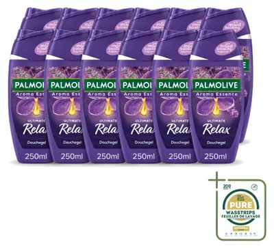 Imagen del producto de 12 unidades de gel de ducha Palmolive Aroma Essence, línea Ultimate Relax, aroma Lavanda y Ylang Ylang, 250 ml, pack ahorro