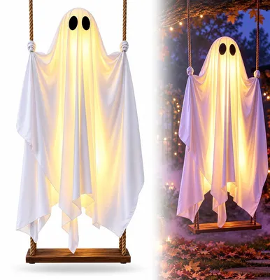 Produktbild von LED Halloween Geist auf Schaukel, hängende Dekoration mit Fernbedienung, leuchtender Geisteranhänger für Eingang, Garten und Party