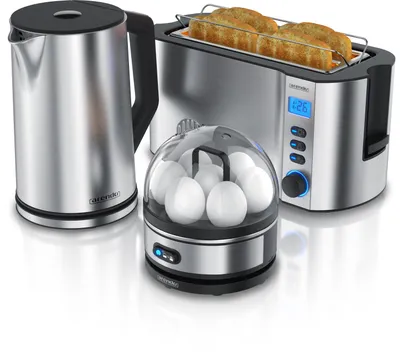 Produktbild von Arendo Frühstücksset, Wasserkocher 1,5l, 4-Scheiben Langschlitztoaster, 7er Eierkocher SEVENCOOK, Silber
