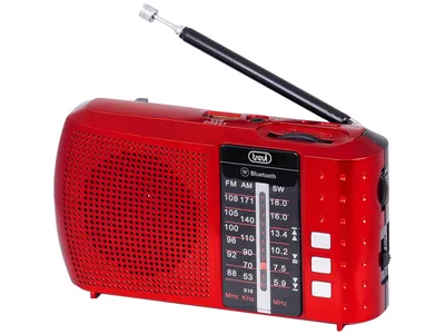 A red portable radio with an extended antenna, shown against a white background.