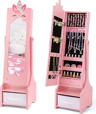 Produktbild von DREAMADE Kinder Schmuckschrank, freistehender Ganzkörperspiegel mit 2 Neigungswinkeln & großem Stauraum, Schmuck-Organizer, Rosa