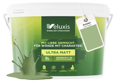 Produktbild von Wandfarbe Grün Salbeigrün Gelb Matt Innenfarbe – Deckkraft Klasse 1, VOC-frei, Ohne Grundierung, Tropfarm – Wohnzimmer & Schlafzimmer – 5L – Veluxis (Green Grape)