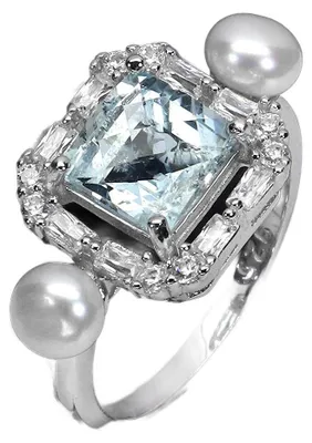 Produktbild von Zarter, eleganter Ring mit natürlichem Aquamarin, Zirkonia und Perlen, 14 Karat, 925er Silber