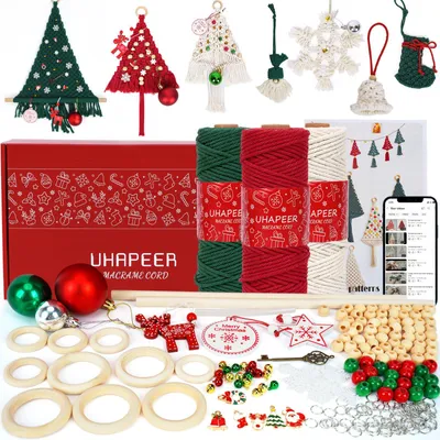 Macramé-Set Weihnachten 150 m Kordel, Naturbaumwolle, Holzring, Deko
