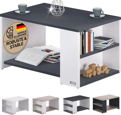 Image de CASARIA® Table basse rectangulaire blanc anthracite 90x59x48 cm Table de salon 50kg Table basse moderne design avec rangement