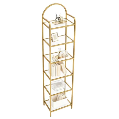 Produktbild von Regal, Bücherregal aus gehärtetem Glas, schlankes Regal für Schlafzimmer, Badezimmer, Heimbüro, Stahlrahmen, 6 Ablagen Gold