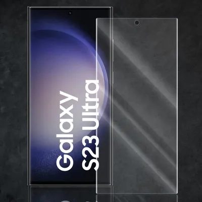 A screen protector is shown next to a Samsung Galaxy S23 Ultra phone.