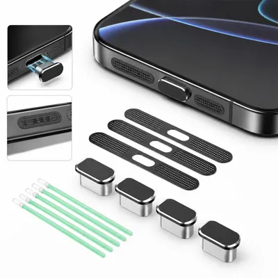 Produktbild von USB-C Staubschutz Set iPhone 15 16 17 Ladeanschluss Schutzkappen Lautsprecher Schutz Aluminium Silikon