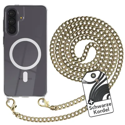 Produktbild von EAZY CASE Handykette kompatibel mit Samsung Galaxy A57 Kette zum Umhängen aus Metall, Silikonhülle mit Band, stoßfest, mit MagSafe in Gold