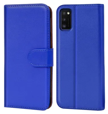 A blue flip case for a smartphone is shown from the front and back.