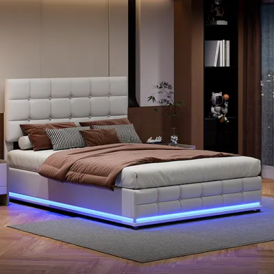 Image de Fortuna Lai Lit rembourré 140x200 cm, lit double en similicuir avec éclairage LED et coffre de lit