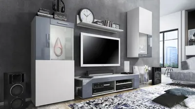 Produktbild von Vladon Wohnwand Movie, Anbauwand bestehend aus 1 TV-Board, 2 Vitrinen und 1 Regal, Weiß matt/Weiß matt/Grau Hochglanz (Gesamt: 300 x 190 x 39 cm)