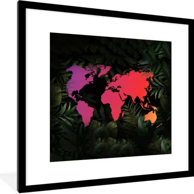 Produktbild von MuchoWow® MuchoWow® Gerahmtes Poster Weltkarte - Farben - Blätter 40x40 cm - Poster mit zchwarzem Bilderrahmen - Poster - Plakat im Rahmen