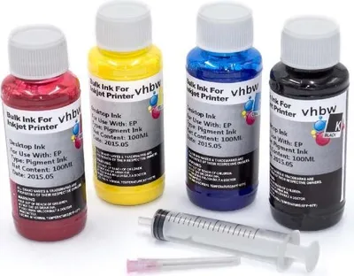 Four bottles of bulk ink in red, yellow, blue, and black, along with a syringe and needle, are arranged on a white background.